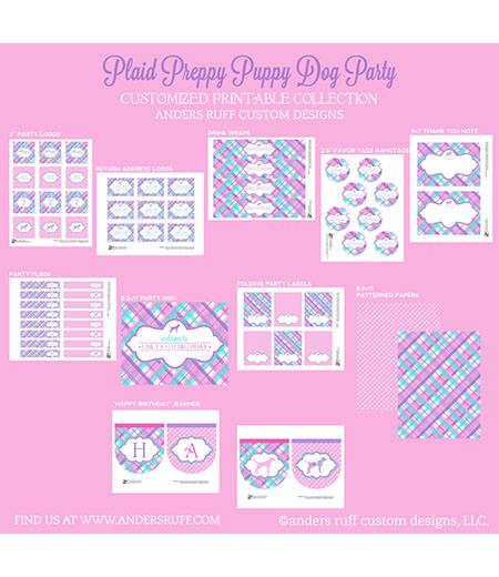 Plaid Preppy Puppy Dog Birthday Party Printables Collection - Aqua Pink and Lilac